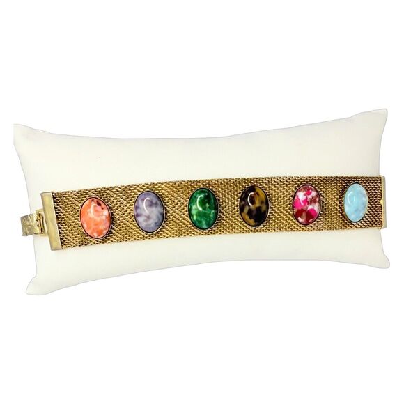 VTG Sarah Coventry Glass Cabochon Mesh Bracelet 8" Gold Tone Wide Multicolor - Picture 1 of 14